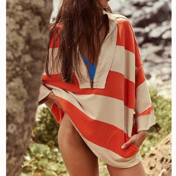 #65 NWT Free People Seaside Funnel Pullover in Orange Combo - Picture 2 of 5